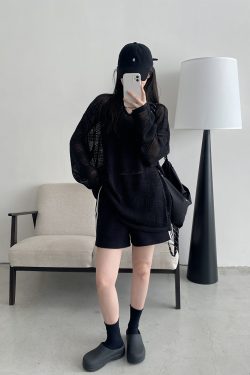 Women's Summer Loose Long-Sleeve Hollowed-Out Cover-Up T-Shirt - Sun Grapefruit American Style Casual Top