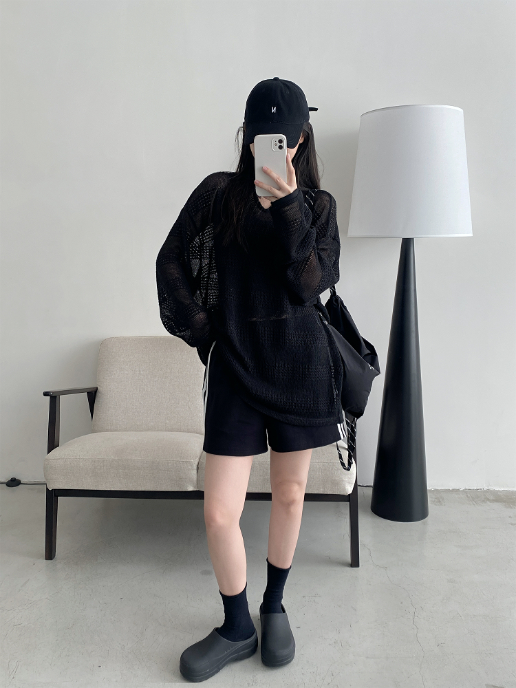 Women's Summer Loose Long-Sleeve Hollowed-Out Cover-Up T-Shirt - Sun Grapefruit American Style Casual Top Women's Summer Loose Long-Sleeve Hollowed-Out Cover-Up T-Shirt - Sun Grapefruit American Style Casual Top