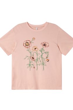 Women's Summer Loose Round Neck T-Shirt with Simple Embroidery Print - Trendy Short Sleeve Casual Top