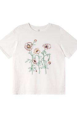 Women's Summer Loose Round Neck T-Shirt with Simple Embroidery Print - Trendy Short Sleeve Casual Top