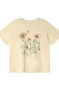 Women's Summer Loose Round Neck T-Shirt with Simple Embroidery Print - Trendy Short Sleeve Casual Top