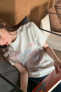 Women's Summer Loose Slim Fit Short Sleeve T-shirt with Original Letter Print and Chain Embroidery - Pure Cotton Casual Top