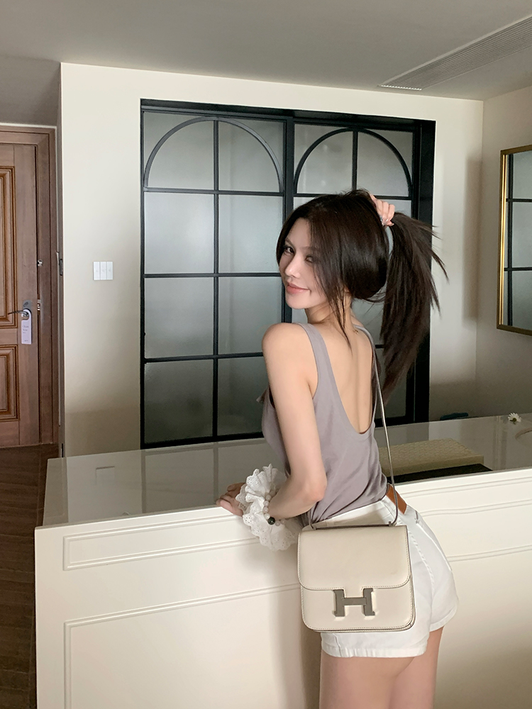 Women's Summer Loose U-neck Backless Top - Free Breathing Design, Casual Chic Style, Perfect for Y2K and Korean Fashion Trends Women's Summer Loose U-neck Backless Top - Free Breathing Design, Casual Chic Style, Perfect for Y2K and Korean Fashion Trends