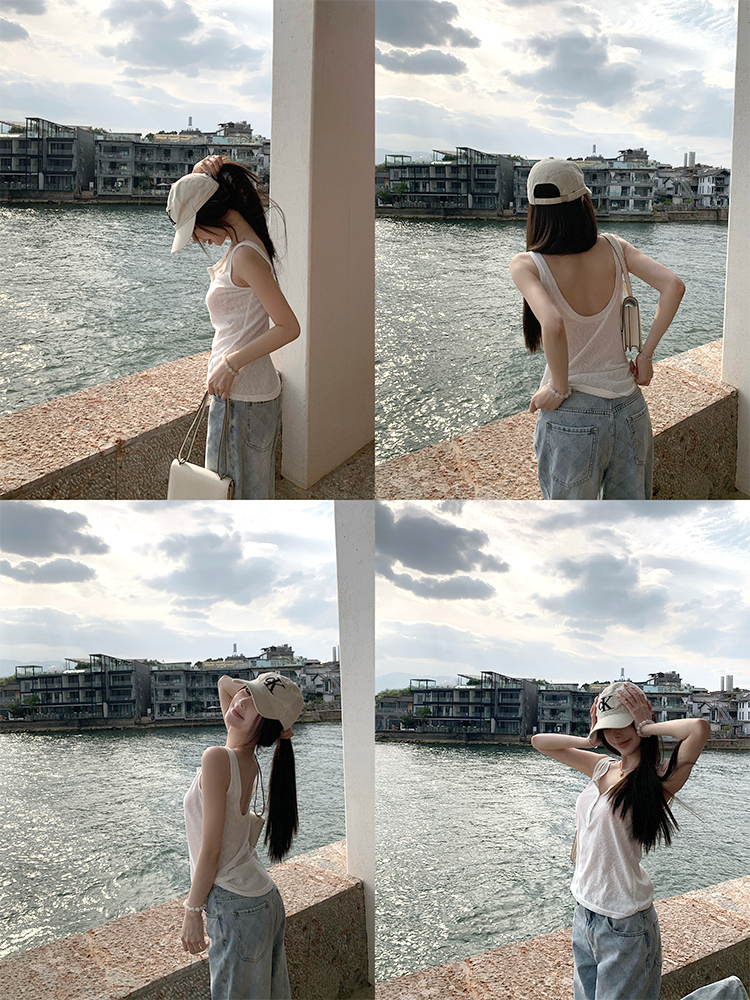 Women's Summer Loose U-neck Backless Top - Free Breathing Design, Casual Chic Style, Perfect for Y2K and Korean Fashion Trends Women's Summer Loose U-neck Backless Top - Free Breathing Design, Casual Chic Style, Perfect for Y2K and Korean Fashion Trends