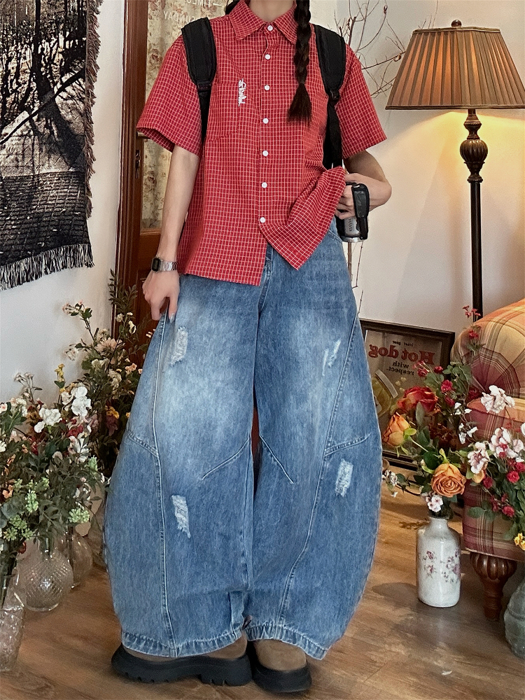 Women's Summer Plaid Short Sleeve Shirt - Loose Versatile Top Jacket, Vintage Style, Trendy Casual Wear Women's Summer Plaid Short Sleeve Shirt - Loose Versatile Top Jacket, Vintage Style, Trendy Casual Wear