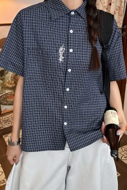 Women's Summer Plaid Short Sleeve Shirt - Loose Versatile Top Jacket, Vintage Style, Trendy Casual Wear