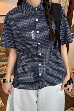 Women's Summer Plaid Short Sleeve Shirt - Loose Versatile Top Jacket, Vintage Style, Trendy Casual Wear
