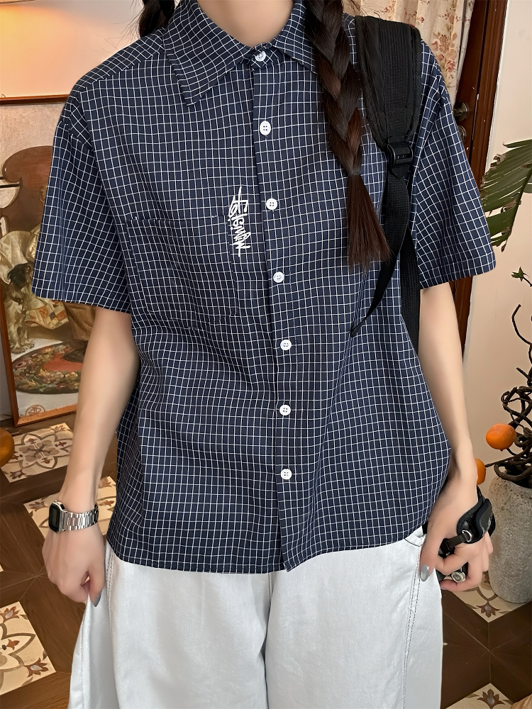 Women's Summer Plaid Short Sleeve Shirt - Loose Versatile Top Jacket, Vintage Style, Trendy Casual Wear Women's Summer Plaid Short Sleeve Shirt - Loose Versatile Top Jacket, Vintage Style, Trendy Casual Wear