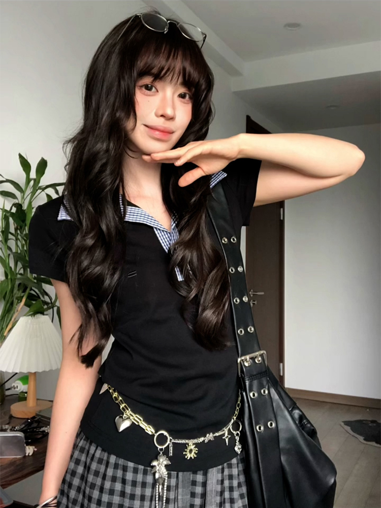 Women's Summer Plaid Splicing Polo Collar Short Sleeve T-Shirt - American Style Slim Fit College Trendy Top Women's Summer Plaid Splicing Polo Collar Short Sleeve T-Shirt - American Style Slim Fit College Trendy Top