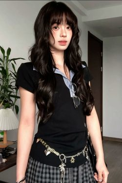 Women's Summer Plaid Splicing Polo Collar Short Sleeve T-Shirt - American Style Slim Fit College Trendy Top