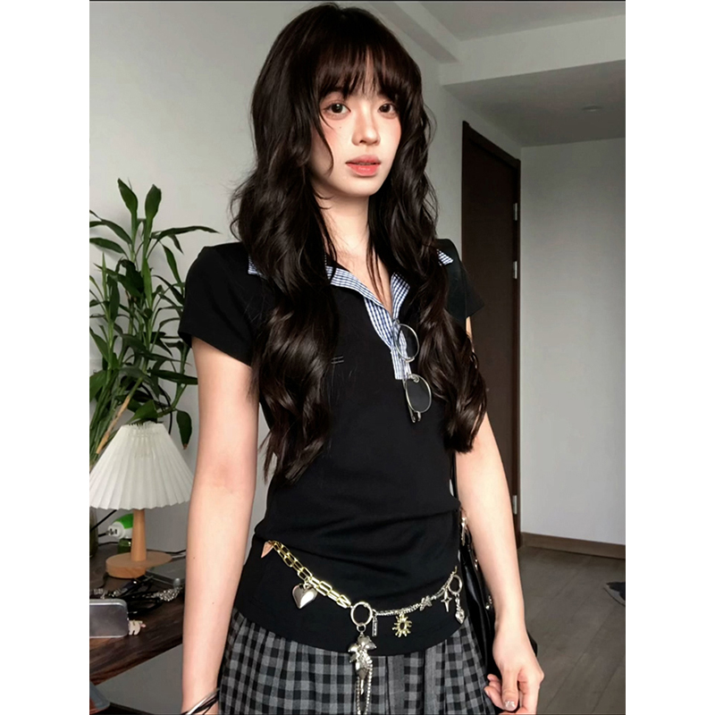 Women's Summer Plaid Splicing Polo Collar Short Sleeve T-Shirt - American Style Slim Fit College Trendy Top Women's Summer Plaid Splicing Polo Collar Short Sleeve T-Shirt - American Style Slim Fit College Trendy Top