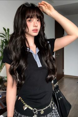 Women's Summer Plaid Splicing Polo Collar Short Sleeve T-Shirt - American Style Slim Fit College Trendy Top