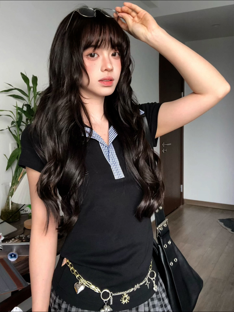 Women's Summer Plaid Splicing Polo Collar Short Sleeve T-Shirt - American Style Slim Fit College Trendy Top Women's Summer Plaid Splicing Polo Collar Short Sleeve T-Shirt - American Style Slim Fit College Trendy Top