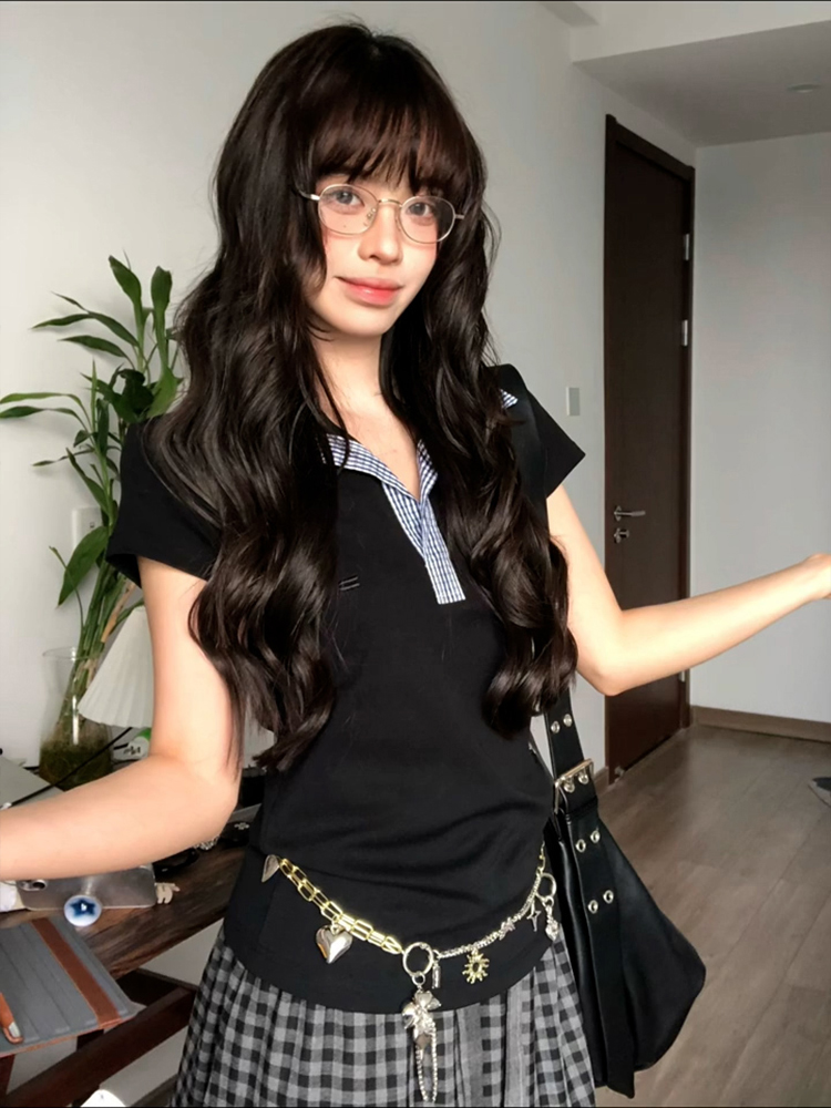 Women's Summer Plaid Splicing Polo Collar Short Sleeve T-Shirt - American Style Slim Fit College Trendy Top Women's Summer Plaid Splicing Polo Collar Short Sleeve T-Shirt - American Style Slim Fit College Trendy Top