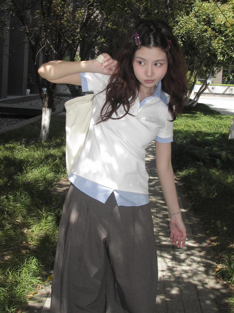 Women's Summer Plaid V-Neck Polo Shirt Two-Piece Outfit - Short Sleeve, Slim Fit College Style Top Women's Summer Plaid V-Neck Polo Shirt Two-Piece Outfit - Short Sleeve, Slim Fit College Style Top