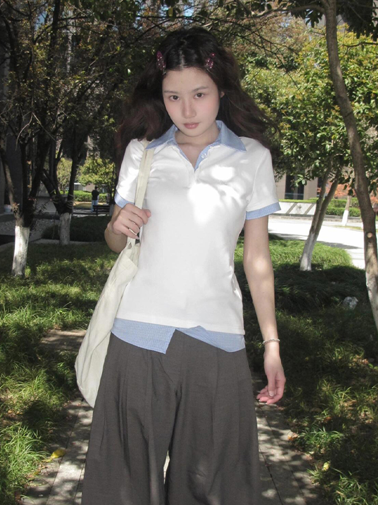 Women's Summer Plaid V-Neck Polo Shirt Two-Piece Outfit - Short Sleeve, Slim Fit College Style Top Women's Summer Plaid V-Neck Polo Shirt Two-Piece Outfit - Short Sleeve, Slim Fit College Style Top