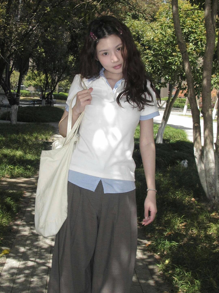 Women's Summer Plaid V-Neck Polo Shirt Two-Piece Outfit - Short Sleeve, Slim Fit College Style Top Women's Summer Plaid V-Neck Polo Shirt Two-Piece Outfit - Short Sleeve, Slim Fit College Style Top