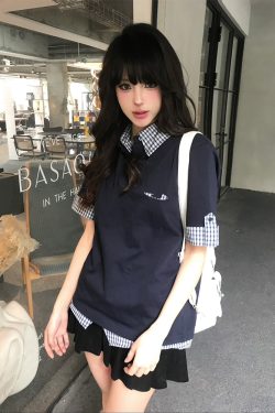 Women's Summer Retro Short-Sleeve Polo Shirt, MIU-Style Plaid Splicing Faux Two-Piece T-Shirt, Slim Fit, Trendy 90s Inspired Top