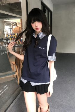 Women's Summer Retro Short-Sleeve Polo Shirt, MIU-Style Plaid Splicing Faux Two-Piece T-Shirt, Slim Fit, Trendy 90s Inspired Top
