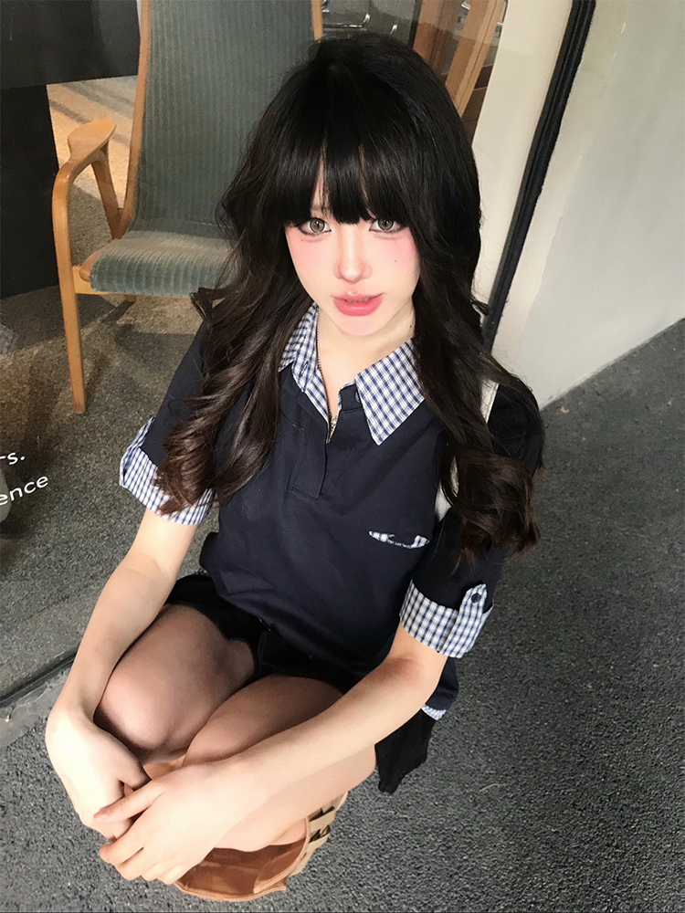 Women's Summer Retro Short-Sleeve Polo Shirt, MIU-Style Plaid Splicing Faux Two-Piece T-Shirt, Slim Fit, Trendy 90s Inspired Top Women's Summer Retro Short-Sleeve Polo Shirt, MIU-Style Plaid Splicing Faux Two-Piece T-Shirt, Slim Fit, Trendy 90s Inspired Top