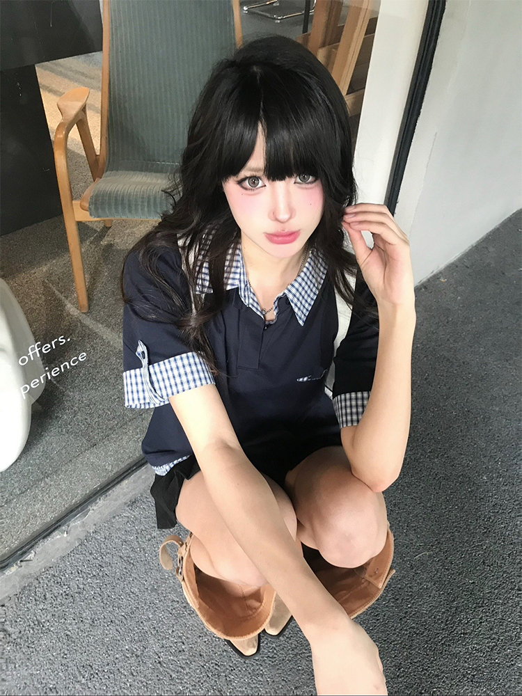 Women's Summer Retro Short-Sleeve Polo Shirt, MIU-Style Plaid Splicing Faux Two-Piece T-Shirt, Slim Fit, Trendy 90s Inspired Top Women's Summer Retro Short-Sleeve Polo Shirt, MIU-Style Plaid Splicing Faux Two-Piece T-Shirt, Slim Fit, Trendy 90s Inspired Top