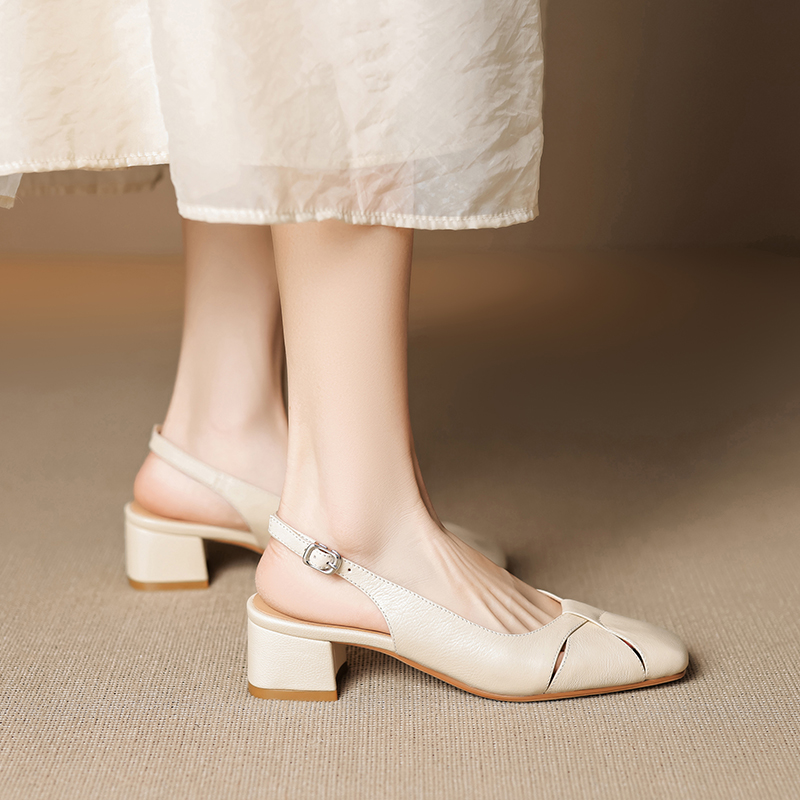 Women's Summer Vintage Chunky High Heel Closed-Toe Sandals - Genuine Leather Woven Hollow-Out Square Toe Design Women's Summer Vintage Chunky High Heel Closed-Toe Sandals - Genuine Leather Woven Hollow-Out Square Toe Design