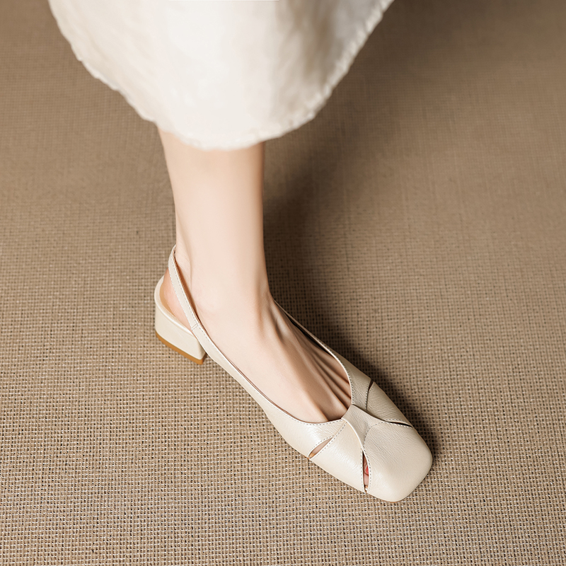 Women's Summer Vintage Chunky High Heel Closed-Toe Sandals - Genuine Leather Woven Hollow-Out Square Toe Design Women's Summer Vintage Chunky High Heel Closed-Toe Sandals - Genuine Leather Woven Hollow-Out Square Toe Design