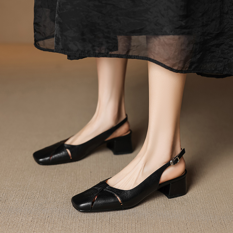 Women's Summer Vintage Chunky High Heel Closed-Toe Sandals - Genuine Leather Woven Hollow-Out Square Toe Design Women's Summer Vintage Chunky High Heel Closed-Toe Sandals - Genuine Leather Woven Hollow-Out Square Toe Design