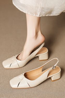 Women's Summer Vintage Chunky High Heel Closed-Toe Sandals - Genuine Leather Woven Hollow-Out Square Toe Design