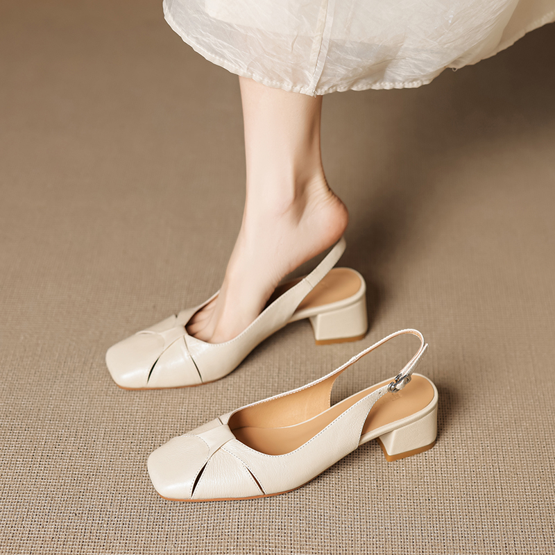 Women's Summer Vintage Chunky High Heel Closed-Toe Sandals - Genuine Leather Woven Hollow-Out Square Toe Design Women's Summer Vintage Chunky High Heel Closed-Toe Sandals - Genuine Leather Woven Hollow-Out Square Toe Design