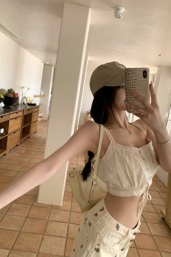 Women's Summer Vintage Embroidered Hollow Top with Spaghetti Straps - French Style, Letter Girl Design, Perfect for Y2K Fashion