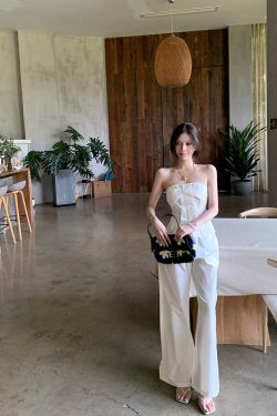 Women's Summer White Strapless Two-Piece Set with Waist-Cinching and Wide-Leg Pants - Casual Chic Style for Effortless Elegance