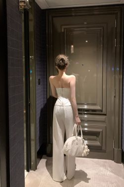 Women's Summer White Strapless Two-Piece Set with Waist-Cinching and Wide-Leg Pants - Casual Chic Style for Effortless Elegance