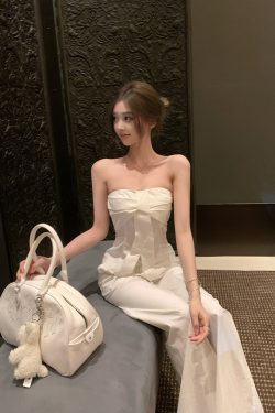 Women's Summer White Strapless Two-Piece Set with Waist-Cinching and Wide-Leg Pants - Casual Chic Style for Effortless Elegance
