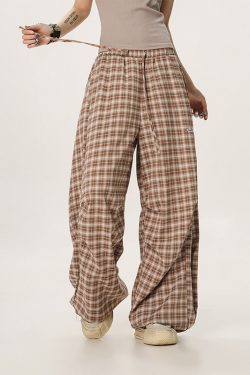 Women's Summer Wide-Leg Plaid Trousers - Casual Blue Sports Pants, Straight Loose Fit, 90s Style, Team Captain Vibes