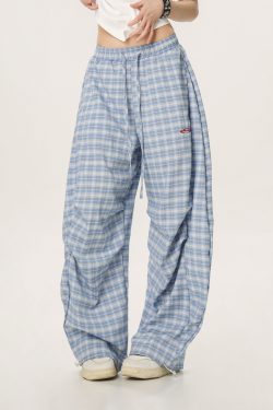Women's Summer Wide-Leg Plaid Trousers - Casual Blue Sports Pants, Straight Loose Fit, 90s Style, Team Captain Vibes