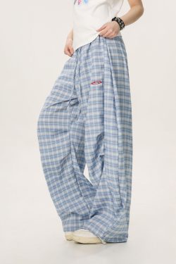 Women's Summer Wide-Leg Plaid Trousers - Casual Blue Sports Pants, Straight Loose Fit, 90s Style, Team Captain Vibes