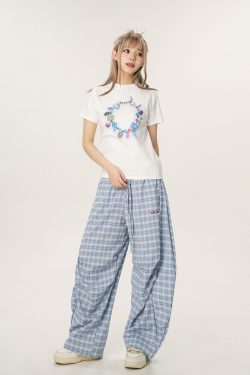 Women's Summer Wide-Leg Plaid Trousers - Casual Blue Sports Pants, Straight Loose Fit, 90s Style, Team Captain Vibes