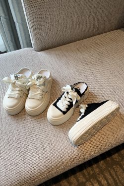 Women's Thick-Soled Lace-Up Canvas Slippers - Versatile Casual Half-Drag Sandals for Spring 2025 Fashion