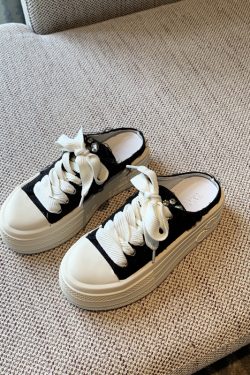 Women's Thick-Soled Lace-Up Canvas Slippers - Versatile Casual Half-Drag Sandals for Spring 2025 Fashion