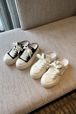 Women's Thick-Soled Lace-Up Canvas Slippers - Versatile Casual Half-Drag Sandals for Spring 2025 Fashion