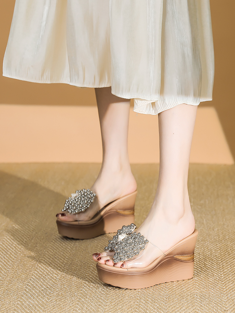 Women's Trendy Rhinestone One-Strap High-Heeled Wedge Sandals - 2025 Summer Waterproof Thick-Soled Fashion Shoes Women's Trendy Rhinestone One-Strap High-Heeled Wedge Sandals - 2025 Summer Waterproof Thick-Soled Fashion Shoes