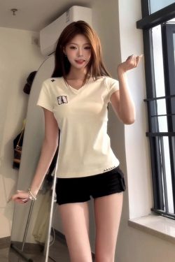 Women's V-Neck Spicy Girl T-Shirt - 2025 Summer White Casual Short Sleeve Slimming Top, American Style Versatile Fashion