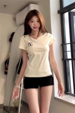 Women's V-Neck Spicy Girl T-Shirt - 2025 Summer White Casual Short Sleeve Slimming Top, American Style Versatile Fashion