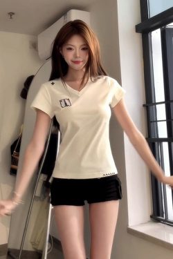 Women's V-Neck Spicy Girl T-Shirt - 2025 Summer White Casual Short Sleeve Slimming Top, American Style Versatile Fashion