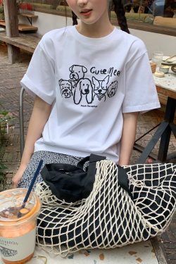Women's Velvet Foam Dog Print Short Sleeve T-Shirt - Summer Loose Round Neck Pure Cotton Top in Trendy Y2K Style