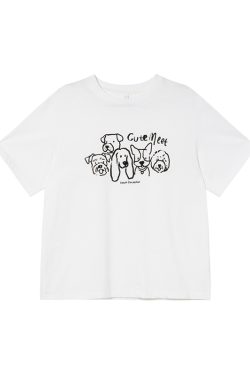 Women's Velvet Foam Dog Print Short Sleeve T-Shirt - Summer Loose Round Neck Pure Cotton Top in Trendy Y2K Style