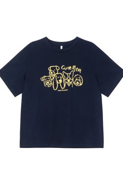 Women's Velvet Foam Dog Print Short Sleeve T-Shirt - Summer Loose Round Neck Pure Cotton Top in Trendy Y2K Style