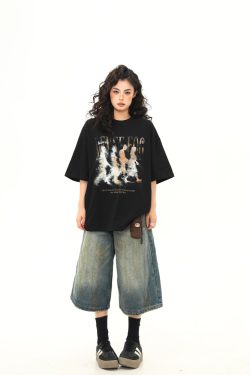 Women’s Vintage Blurry Portrait Print Short Sleeve T-Shirt - Summer Round Neck Loose Fit Couples Tee - 90s Inspired Fashion