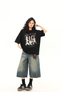 Women’s Vintage Blurry Portrait Print Short Sleeve T-Shirt - Summer Round Neck Loose Fit Couples Tee - 90s Inspired Fashion